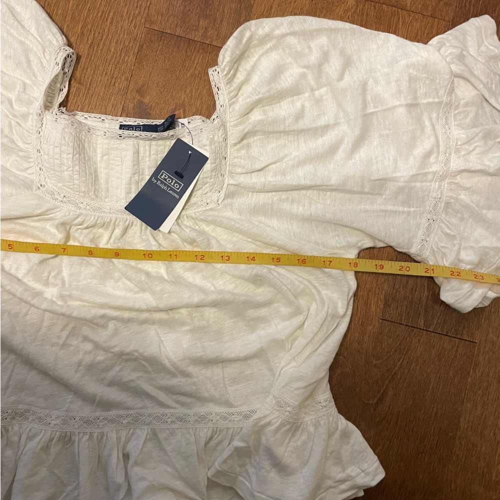New Polo Ralph Lauren White Linen Blouse Ruffle Bell Sleeves Pullover Top XXS - Picture 6 of 17